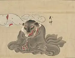 21 Inugami (犬神) is a possession spirit similar to foxes (kitsune) but is located in places where foxes are absent, primarily in western Japan and the island of Shikoku. They can curse, possess, or protect humans. If one desires protection from an inugami, there are a few methods, such as tying the neck of a starving dog as someone performs a ritual, after which an inugami will follow the person. Inugami are inherited and follow the family to protect the family. Only that family will be able to see the inugami and these families are called "inugami-mochi," meaning "those that hold inugami".[57] If the inugami is mistreated harshly by its master, it will curse the master. If someone is possessed by an inugami, they will have dog-like behaviors such as howling or sleeping like a dog. They will have a great pain in their chest, and they will need to be exorcised by a professional.[58][59]