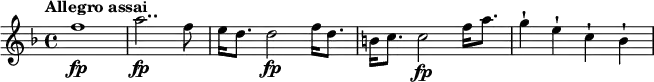 \relative c'' {
\tempo "Allegro assai"
\key f \major
f1\fp |
a2..\fp f8 |
e16 d8. d2\fp f16 d8. |
b16 c8. c2\fp f16 a8. |
g4-! e-! c-! bes-! |
}