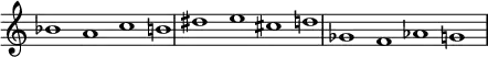 {
\override Score.TimeSignature
#'stencil = ##f
\override Score.SpacingSpanner.strict-note-spacing = ##t
\set Score.proportionalNotationDuration = #(ly:make-moment 3/2)
\relative c'' {
\time 4/1
\set Score.tempoHideNote = ##t \tempo 1 = 60
bes1 a c b!
dis e cis d
ges, f aes g
}
}