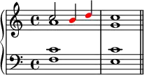 \new PianoStaff <<
\new Staff <<
\new Voice \relative c'' {
\clef treble \key c \major \time 4/4
\voiceOne c2 \override NoteHead.color = #red b4 d \override NoteHead.color = #black c1
}
\new Voice \relative c'' {
\voiceTwo a1 g
}
>>
\new Staff <<
\relative c {
\clef bass \key c \major \time 4/4
<f c'>1 <e c'> \bar "||"
}
>>
>>
