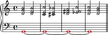 \new PianoStaff <<
\new Staff <<
\new Voice \relative c' {
\clef treble \key c \major \time 4/4
<d g b>2 <d f b> <c e c'> <cis e bes'> <d fis a> <es fis c'> <d g c> <d g b>
}
>>
\new Staff <<
\relative c {
\clef bass \key c \major \time 4/4
\override NoteHead.color = #red g1~ g~ g~ g \bar "||"
}
>>
>>