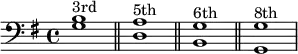 {
\new Staff <<
\new Voice \relative c' {
\stemDown \clef bass \key g \major \time 4/4 \tempo 2 = 60 \set Score.tempoHideNote = ##t
<g b>1^\markup { \center-column { 3rd } } \bar "||" <d a'>^\markup { \center-column { 5th } } \bar "||" <b g'>^\markup { \center-column { 6th } } \bar "||"<g g'>^\markup { \center-column { 8th } }
}
>>
}