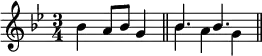 
    \new Staff <<
       \mergeDifferentlyHeadedOn
       \mergeDifferentlyDottedOn
       \new voice \relative c'' {
          \set Score.tempoHideNote = ##t \tempo 4 = 136
          \key g \minor
          \time 3/4

          bes4 a8 bes g4 \bar "||"
          \stemDown bes4 a g \bar "||"
       }
       \new voice \relative c'' {
          s2.
          \stemUp bes4. bes
       }
    >>
