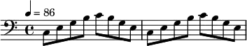 {
   \tempo 4 = 86
    \clef bass
    c8 e g b
    c' b g e
    c8 e g b
    c' b g e
}