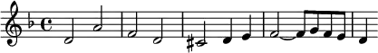 \relative c'' { \set Staff.midiInstrument = #"church organ"
\clef treble
\key d \minor
\time 4/4
d,2 a' |
f d |
cis d4 e |
f2~ f8 g f e |
d4
}
