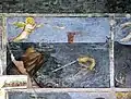 Fresco in the Baptistery of the Cathedral of Padua, 14th century by Giusto de' Menabuoi (Apocalypse). Angel sounding the second trumpet in an apocalypse-themed painting, using a buisine.