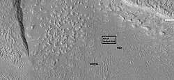Arrows point to drumlin-like shapes that were probably formed under a glacier, as seen by HiRISE, under HiWish program. Some of the shapes require liquid water under the glacier to form. Location is Ismenius Lacus quadrangle.