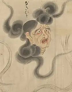 34 Nakibisu (なきびす) is a regional dialect form of nakibeso, meaning "one prone to cry."[89] One other illustration of Nakibisu is known. It is part of a handscroll by the Kyoto artist Murata Ryūtei (村田龍亭, ?-?) titled Hyakki emaki (百鬼絵巻, "Picture scroll of one hundred demons"). The colophon of this scroll is dated 1764.[12][90]