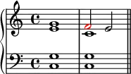 \new PianoStaff <<
\new Staff <<
\new Voice \relative c'' {
\clef treble \key c \major \time 4/4
\stemUp g1 \once \override NoteHead.color = #red f2 e
}
\new Voice \relative c' {
\stemDown e1 c
}
>>
\new Staff <<
\relative c {
\clef bass \key c \major \time 4/4
<c g'>1 <c g'> \bar "||"
}
>>
>>