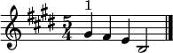 \relative c'' {\set Staff.midiInstrument = #"tubular bells" \time 5/4 \key e \major gis4^"1" fis e b2\bar "|."|}