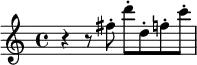 \relative c'' {
\set Score.tempoHideNote = ##t
\tempo 4 = 144
\set Staff.midiInstrument = #"oboe"
r r8 fis8-. d'8-. d,8-. f8-. c'8-.
}