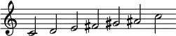 { \override Score.TimeSignature #'stencil = ##f
\relative c' { \clef treble \cadenzaOn c2 d e fis gis ais c }
}