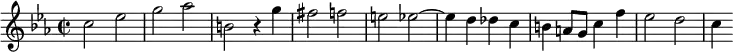 
\relative c'{
 \clef treble
 \key c \minor
 \time 2/2
 \set Staff.midiInstrument = "harpsichord"
    c'2 ees      | % 1
    g aes        | % 2
    b, r4 g'     | % 3
    fis2 f       | % 4
    e ees~       | % 5
    ees4 d des c | % 6
    b a8 g c4 f  | % 7
    ees2 d \bar "|"  | % 8
    c4
}