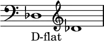 { \new Staff \with{ \magnifyStaff #3/2 } << \time 2/1 \override Score.TimeSignature #'stencil = ##f { \clef bass des1_D-flat \clef treble des' } >> }