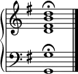 {
\override Score.TimeSignature #'stencil = ##f
\new PianoStaff <<
\new Staff <<
\relative c' {
\stemUp \clef treble \key g \major \time 4/4
<d fis b d>1\fermata
}
>>
\new Staff <<
\relative c {
\clef bass \key g \major \time 4/4
<g g'>1\fermata \bar "|."
}
>>
>> }