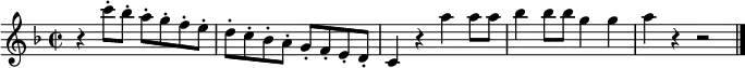 \relative c''' {
\time 2/2 \key f \major
r4 c8-. bes-. a-. g-. f-. e-. |
d8-. c-. bes-. a-. g-. f-. e-. d-. |
c4 r a'' a8 a |
bes4 bes8 bes g4 g |
a4 r r2 | \bar "|."
}