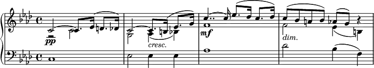 { \new PianoStaff <<
\new Staff <<
\set Staff.midiInstrument = #"string ensemble 1" \new Voice \key aes \major \clef treble \time 4/4 \set Score.tempoHideNote = ##t \tempo 4 = 45 \relative c' { \stemUp | % 1
c2 \pp ^~ c8. es16 ^( d8. des16 ) | % 2
c2 ^~ c8. _\markup{ \italic {cresc.} } b16 ^( es8. g16 ) | % 3
c4.. \mf ^( c16 ) es8. ^( des16 c8. des16 ) | % 4
c8 _\markup{ \italic {dim.} } ^( bes8 a8 bes8 ) as8 ^( g8 ) r4 }
\new Voice \relative c' {
\clef "treble" \key aes \major \stemDown \time 4/4 | % 1
r2 c2 | % 2
g2 as4 _( bes4 ) | % 3
f'1 | % 4
f2 es4 _(b4 ) } >>
\new Staff \relative c { \set Staff.midiInstrument = #"string ensemble 1" \key aes \major \clef bass \time 4/4
c1 | % 2
es2 es4 es4 | % 3
as1 | % 4
des2 bes4 ( f4 ) }
>> }