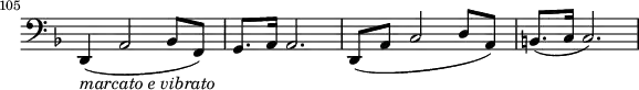 \relative c \new Staff \with { \remove "Time_signature_engraver" } {
\key d \minor \time 4/4 \clef bass
\set Staff.midiInstrument = "cello"
\set Score.tempoHideNote = ##t \tempo 4 = 128
\set Score.currentBarNumber = #105 \bar ""
d, 4_\markup { \italic {marcato e vibrato} }( a'2 bes8 f) g8. a16 a2. d,8( a' c2 d8 a) b8.( c16 c2.) }