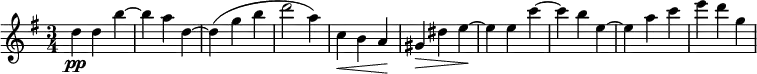 \relative c'' {
\time 3/4
\key g \major
d4\pp d b'~ | b a d,~ | d( g b | d2 a4) | c,\< b a\! | gis\> dis' e~\! | e e c'~ | c b e,~ | e a c | e d g,
}