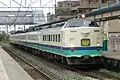 485 series EMU passing through Higashi-Niigata Station on an Inaho service, May 2008