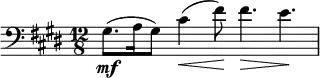\relative c' { \set Staff.midiInstrument = #"cello" \clef bass \time 12/8 \key e \major gis8.\mf( a16 gis8) cis4(\< fis8\!) fis4.\> e\! }