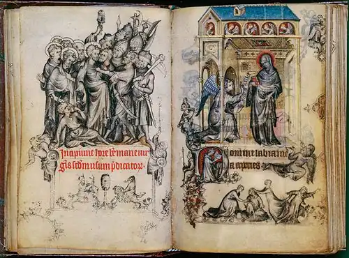 Arrest of Christ and Annunciation of the Virgin; by Jean Pucelle; 1324–1328; grisaille and temprea on vellum; 8.9 x 12.4&nbsp;cm; Metropolitan Museum of Art (New York City)[144]