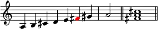 {
\override Score.TimeSignature #'stencil = ##f
\relative a {
\clef treble
\time 7/4 a4 b cis d e \once \override NoteHead.color = #red fis gis \time 2/4 a2 \bar "||"
\time 4/4 <fis a cis>1 \bar "||"
} }