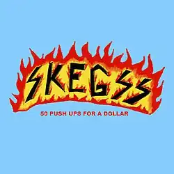 The group's name is in black capitals with red flames on a yellow background with more red flames. Below that is the title in small red capitals. All this is on top of a sky blue background.