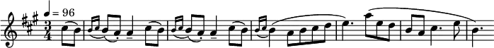 
\transpose c a {
\relative c' { \set Staff.midiInstrument = #"clarinet"
  \tempo 4 = 96
  \key c \major
  \time 3/4
  \partial4 e8( d) \acciaccatura { d16 e } d8( c-.) c4-- e8( d) \acciaccatura { d16 e } d8( c-.) c4-- e8( d) \acciaccatura { d16 e } d4( c8 d e f g4.)
  c8( g f d c e4. g8 d4.)
}
}
