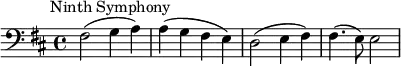 \new Score {
\new Staff {
\relative c {
\time 4/4
\key d \major
\clef bass
\tempo 2 = 60
\omit Score.MetronomeMark
fis2^\markup { \halign #-0.5 "Ninth Symphony"}( g4 a) | a4( g fis e) | d2( e4 fis) | fis4.( e8) e2
}
}
}