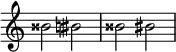 { \omit Score.TimeSignature \relative c'' {
bisis2 bis \accidentalStyle modern bisis2 bis } }