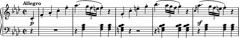 \new PianoStaff <<
\new Staff \relative c' {
\tempo "Allegro"
\key f \minor \time 2/2
\partial 4 c4-. |
f4-. as-. c-. f-. |
as4.( \tuplet 3/2 { g16 f e } f4-.) r |
g,4-. c-. e-. g-. |
bes4.( \tuplet 3/2 { as16 g f } g4-.) r |
\slashedGrace c,8 as'4.( \tuplet 3/2 { g16 f e } f4-.) r |
}
\new Dynamics { s4\p | s1*4 | s1\sf }
\new Staff \relative c {
\key f \minor \clef bass
r4 |
R1 |
r4 <f as c> q q |
<e g bes c>4 r r2 |
r4 q q q |
r4 <f as c> q q |
}
>>