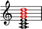 
{
\override Score.TimeSignature #'stencil = ##f
\new Staff <<
\new Voice \relative c' {
   \clef treble 
   \time 4/4
   \key a \minor
   \voiceOne
   <a c e>1
} 
\new Voice \relative c'' {
   \clef treble 
   \time 4/4
   \key c \major
   \voiceOne
   \override NoteHead.color = #red 
   <g b d>1
}
>>
}
