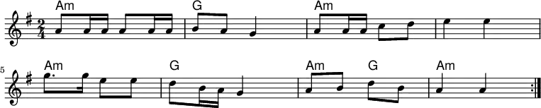 <<
\new ChordNames \chordmode {
\set chordChanges = ##t
a,,4:m a,4:m |%1
g,,4 g,8 g,8 |%2
a,,4:m a,4:m |%3
a,,4:m a,8:m a,8:m |%4
a,,4:m a,4:m |%5
g,,4 g,8 g,8 |%6
a,,4:m g,4 |%7
a,,4:m a,8:m a,8:m |%8
}
\new Staff \relative c''{
\key a \dorian
\time 2/4
\repeat volta 2 { %start repeat
a8 a16 a a8 a16 a |%1
b8 a g4 |%2
a8 a16 a c8 d |%3
e4 e4 |%4
\break
g8. g16 e8 e |%5
d8 b16 a g4 |%6
a8 b8 d8 b8 |%7
a4 a4 |%8
} %end repeat
}
>>