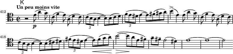 \relative c' \new Staff {
\key a \minor \clef tenor
\set Staff.midiInstrument = "cello"
\set Score.tempoHideNote = ##t \tempo "Un peu moins vite" 2 = 50
\mark \markup \sans K % H = 372
\time 2/2
\set Score.currentBarNumber = #412 \bar ""
r2 e8\p( a4 g8) | c,( f4 e8) a,( d4 c8) | \times 2/3 { c( b a } b4 ~ b8) b( c d) | \times 2/3 { f( e dis } e4 ~ e8) fis( gis a) | b4(-> e,)
e8( a4 g8) | c,( f4 e8) a,( d4 c8) | \times 2/3 { c( b a } b4 ~ b8) b( cis dis) | \times 2/3 { fis( e dis } e4 ~ e8)\< fis( g a) |
b2(\> ~ b8\! a e fis) | g-- fis-- e2( dis4) | e1 ~ | e ~ | e2
}