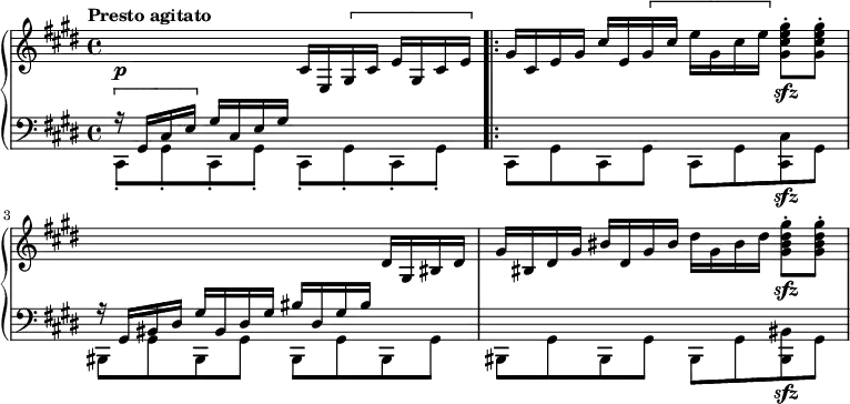 
\new PianoStaff <<
  \new Staff = "right" \with {
    midiInstrument = "acoustic grand"
  } \relative c'' { \set Score.tempoHideNote = ##t \tempo "Presto agitato" 4=160
  
    \key cis \minor
    \time 4/4
    %1
      s2\p cis,16 e, \[ gis cis e gis, cis e \] \bar ".|:" 
      gis cis, e gis cis e, \[ gis cis e gis, cis e \] <gis, cis e gis>8\sfz-. <gis cis e gis>-.
    %2
      s2. dis16 gis, bis dis
    %3    
      gis bis, dis gis bis dis, gis bis dis gis, bis dis <gis, bis dis gis>8-.\sfz <gis bis dis gis>-.
  }
  \new Staff = "left" \with {
    midiInstrument = "acoustic grand"
  } {
    \clef bass \relative c' {
      \key cis \minor
      \time 4/4
      \tempo "Presto agitato." 
      % impossible d'afficher le premier ! 
      %1
        << { \[ r16 gis,16 cis e \] gis16 cis, e gis s2 } \\ { cis,,8-. gis'-.  cis,-. gis'-. cis,-. gis'-. cis,-. gis'-.}>> \stemDown \bar ".|:"
      %2
        cis, gis' cis, gis' cis, gis' <cis, cis'>\sfz gis'
      %3
        <<{r16 gis bis dis gis bis, dis gis bis dis, gis bis s4}\\{bis,,8 gis' bis, gis' bis, gis' bis, gis'}>>
        bis, gis' bis, gis' bis, gis' <bis, bis'>\sfz gis'
    }
  }
>>
\midi { }
