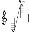  { \override Score.TimeSignature #'stencil = ##f
    c2 \glissando \ottava #1 a''''2 }
