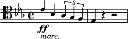 { \new PianoStaff <<
\new Staff \relative es' { \set Staff.midiInstrument = #"piano" \set Score.tempoHideNote = ##t \stemUp \tempo 2 = 55 \clef "tenor" \key es \major \time 2/2
es4 _\markup{ \italic {marc.} } \ff bes4 \times 2/3 {
as4 g4 f4
}
| % 2
es4 r4 r2 }
>> }