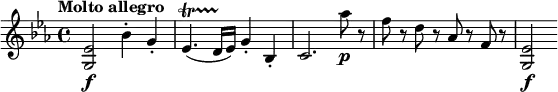 \relative c' { \set Staff.midiInstrument = #"string ensemble 1"
\key es \major
\tempo "Molto allegro" \set Score.tempoHideNote = ##t \tempo 4 = 164
<g es'>2\f bes'4-. g-. es4.\startTrillSpan( d16\stopTrillSpan es) g4-. bes,-. c2. as''8\p r f r d r as r f r <g, es'>2\f
}