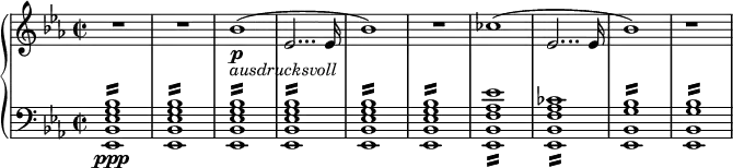 { \new PianoStaff <<
\new Staff
\relative bes'
{
\set Staff.midiInstrument = #"french horn"
\set Staff.midiMinimumVolume = 0.3
\set Staff.midiMaximumVolume = 0.9
\key es \major
\clef treble
\time 2/2
\set Score.tempoHideNote = ##t
\tempo 2 = 60
R1*2 | % 3
bes1 \p _\markup{ \italic{ ausdrucksvoll} } ( | % 4
es,2... es16 | % 5
bes'1 ) | % 6
R1 | % 7
ces1 ( | % 8
es,2... es16 | % 9
bes'1 )
r1
}
\new Staff
\relative es,
{
\set Staff.midiInstrument = #"tremolo strings"
\set Staff.midiMinimumVolume = 0.2
\set Staff.midiMaximumVolume = 0.6
\key es \major
\clef bass
\time 2/2
<es bes' es g bes>1 \ppp :16 | % 2
<es bes' es g bes>1 :16 | % 3
<es bes' es g bes>1 :16 | % 4
<es bes' es g bes>1 :16 | % 5
<es bes' es g bes>1 :16 | % 6
<es bes' es g bes>1 :16 | % 7
<es bes' f' as es'>1 :16 | % 8
<es bes' f' as ces>1 :16 | % 9
<es bes' g' bes>1 :16 | % 10
<es bes' g' bes>1 :16 }
>>
}