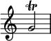 {
\override Score.TimeSignature #'stencil = ##f
\relative c'' {
\time 2/4
g2\trill
}
}