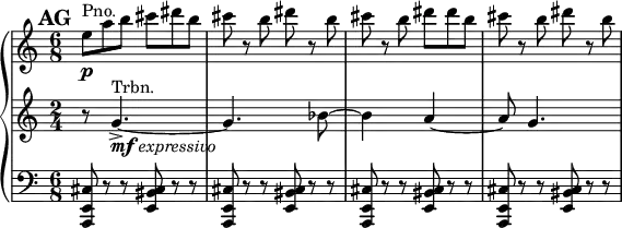 \relative c {
\new PianoStaff <<
\new Staff {
\set Score.tempoHideNote = ##t
\tempo 4 = 184
\set Score.markFormatter = #format-mark-box-numbers
\mark #32
\time 6/8
e''8^"Pno."\p a b cis dis b
cis8 r b dis r b
cis8 r b dis dis b
cis8 r b dis r b
}
\new Staff {
\time 6/8
\set Staff.timeSignatureFraction = 2/4
\scaleDurations 3/2 {
r8 g,4.~^"Trbn."_\markup{\dynamic{mf} \italic{expressivo}}-> g bes8~ bes4 a~ a8 g4.
}
}
\new Staff {
\time 6/8
\clef bass
<a,,, e' cis'>8 r r <e' bis' cis> r r
<a, e' cis'>8 r r <e' bis' cis> r r
<a, e' cis'>8 r r <e' bis' cis> r r
<a, e' cis'>8 r r <e' bis' cis> r r
}
>>
}