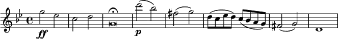 \relative g'' { \key g \minor \time 4/4
g2 \ff es | c2 d | g,\breve*1/2 \fermata
d''2( \p bes) | fis2( g) | d8( c es d) c( bes a g) | fis2( g) | d1
}