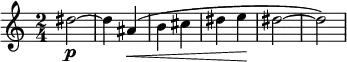\relative c'' {
\set Score.tempoHideNote = ##t
\numericTimeSignature
\tempo 4 = 160
\time 2/4
\set Staff.midiInstrument = #"alto sax"
dis2\p ~ dis4 ais\< (b cis dis e\! dis2 ~ dis)
}