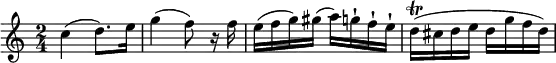 \relative c'' { \set Staff.midiInstrument = #"violin" \set Score.tempoHideNote = ##t \tempo 4 = 80
\key c \major
\time 2/4
\tempo "Allegretto grazioso"
c4(d8.) e16 | g4(f8) r16 f | e(f g) gis(a) g-! f-! e-! | d\trill(cis d e d g f d) |
}