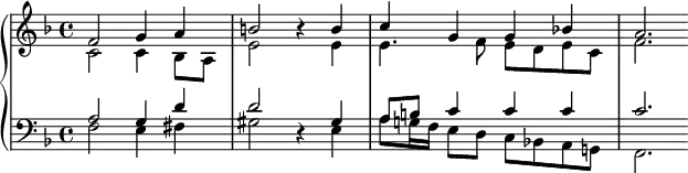 {
#(set-global-staff-size 14)
\new PianoStaff <<
\new Staff <<
\new Voice \relative c' {
\stemUp \clef treble \key f \major \time 4/4
f2 g4 a
b2 r4 b
c4 g g bes!
a2.
}
\new Voice \relative c' {
\stemDown
c2 c4 bes8 a
e'2 s4 e
e4. f8 e d e c
f2.
}
>>
\new Staff <<
\new Voice \relative c' {
\stemUp \clef bass \key f \major \time 4/4
a2 g4 d'
d2 r4 gis,
a8 b c4 c c
c2.
}
\new Voice \relative c {
\stemDown
f2 e4 fis
gis2 s4 e
a8 g!16 f e8 d c bes! a g!
f2.
}
>>
>>
}