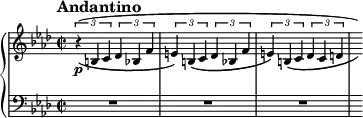 \new PianoStaff <<
\new Staff = "Up" \with { \magnifyStaff #3/4 } <<
\new Voice \relative c' {
\clef treble
\key f \minor
\tempo "Andantino"
\set Score.tempoHideNote = ##t \tempo 4 = 100
\time 2/2
\tupletSpan 2
\tuplet 3/2 {r \p (_\(b c des bes f' e\) b _\(c des bes f' e\) b _\(c des c d} \hide r16 \))
}
>>
\new Staff = "Down" \with { \magnifyStaff #3/4 } <<
\new Voice \relative c{
\clef bass
\key f \minor
R1 R R s16
}
>>
>>