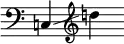 
     {
       \override SpacingSpanner.strict-note-spacing = ##t
       \set Score.proportionalNotationDuration = #(ly:make-moment 1/8)
       \clef bass \omit Score.TimeSignature
       \relative c {c!4 \glissando \clef treble d''!}
     }
   