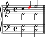 \new PianoStaff <<
\new Staff <<
\new Voice \relative c'' {
\clef treble \key c \major \time 4/4
\stemUp c4 \once \override NoteHead.color = #red d e2
}
\new Voice \relative c' {
\stemDown e2 e
}
>>
\new Staff <<
\relative c {
\clef bass \key c \major \time 4/4
<c g'>2 <c g'> \bar "||"
}
>>
>>