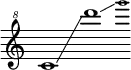 {
\new Staff \with { \remove "Time_signature_engraver" }
\clef "treble^8" \key c \major \cadenzaOn
c''1 \glissando d''''1 \glissando \grace g''''1
}